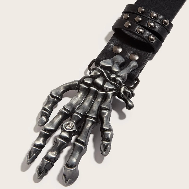 Halloween Skeleton Hand Belt Skull Casual Gothic Men Belt Vintage Snap Buckle Beaded Hip Hop Rock Cowboy Decoration Punk Belts