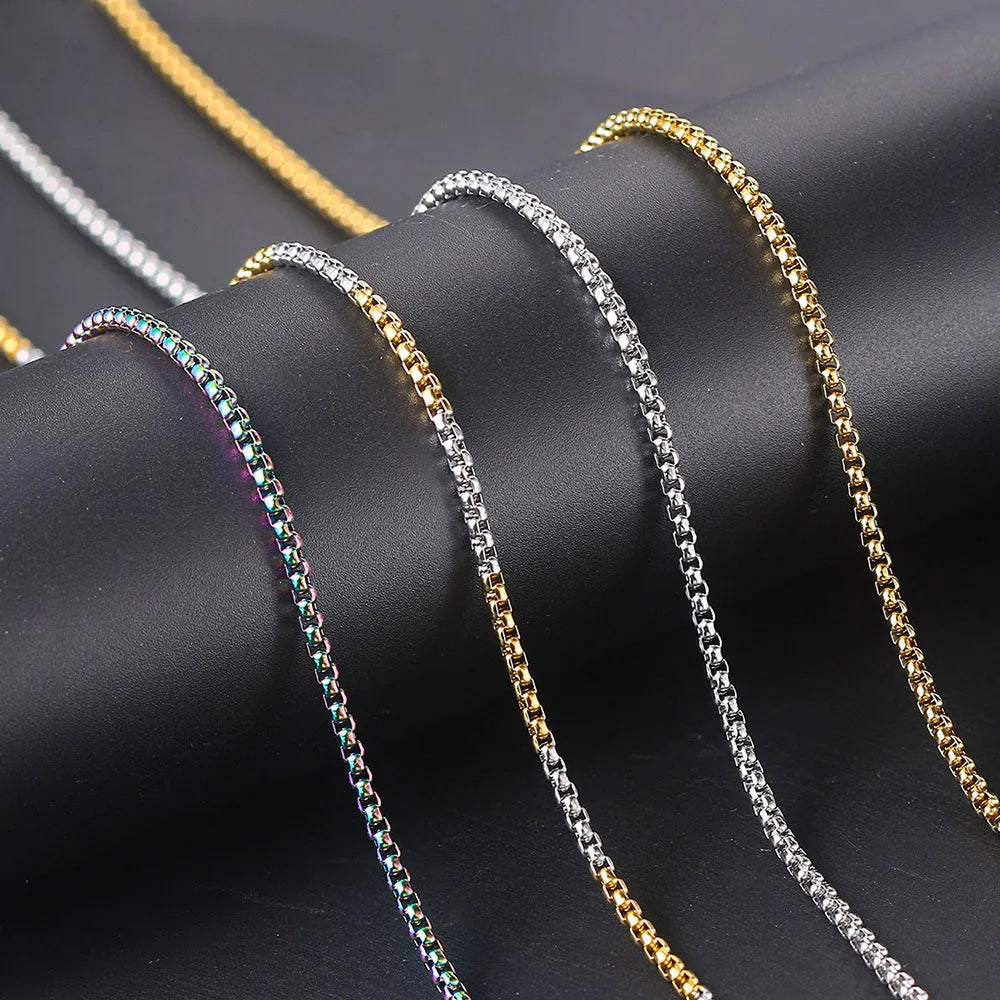 Stainless Steel Round Box Chain For Men Boys Square Rolo Necklace Women Hip Hop Jewelry Gifts Width 3mm Length 60cm C021