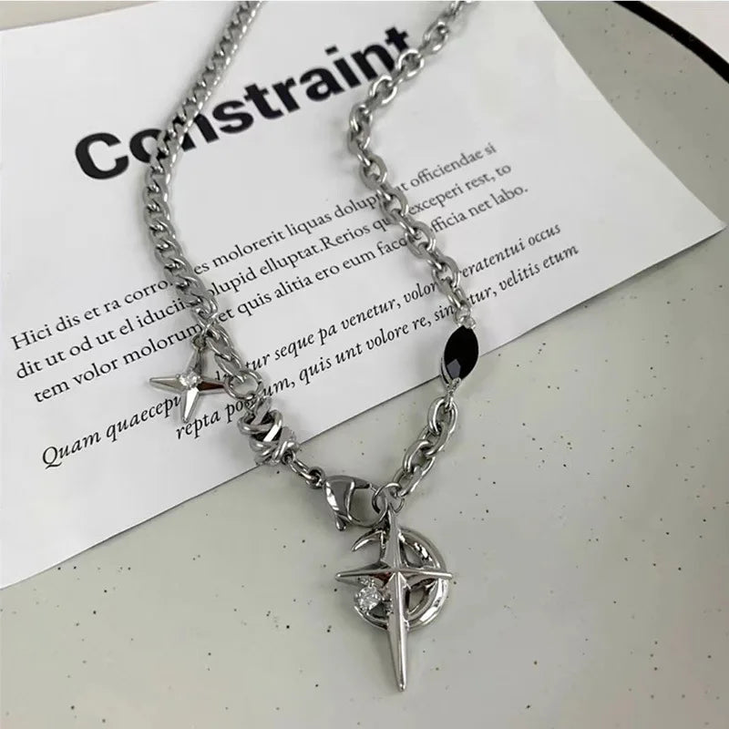 Hip Hop Black Crystal Love Heart Charms Pendant Necklace for Women Punk Rock Long Chain Tassels Choker Necklace Trend Jewelry