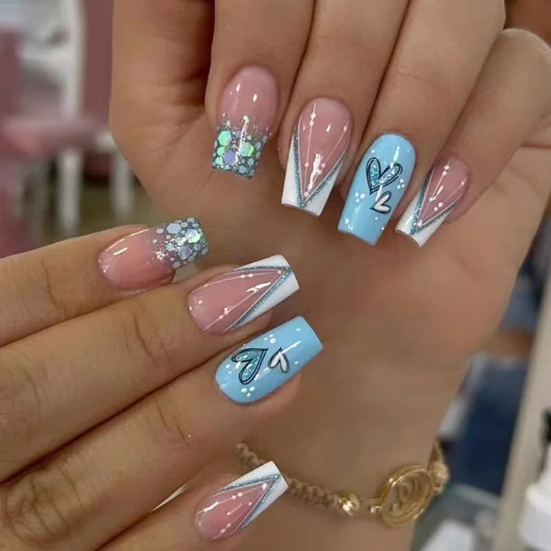 24Pcs Long Coffin Press on Nail Autumn Winter False Nails Glitter Diamond Stick on Nails French Ombre Full Cover Ballet Nail Art