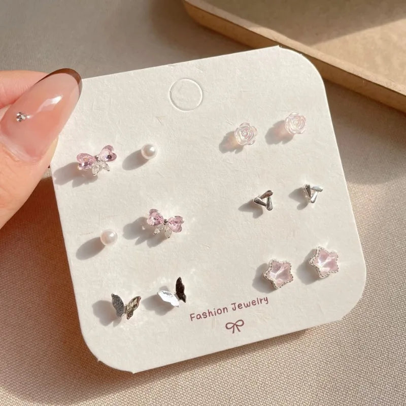 Cute 6/7Pair Set Butterfly Heart Stud Earrings for Women Girl Exquisite Party Dailywear Jewelry Birthday Gift Simple Accessories