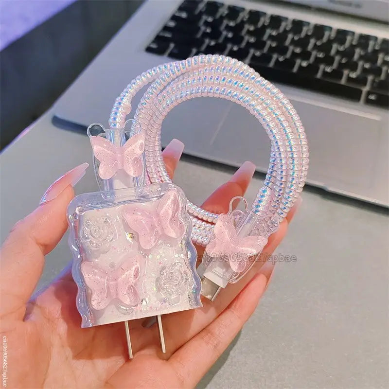 Pink Crystal Butterfly Charging Data Cable Protector Winder Accessories for iPhone 18/20w Cartoon Charger Protective Cover