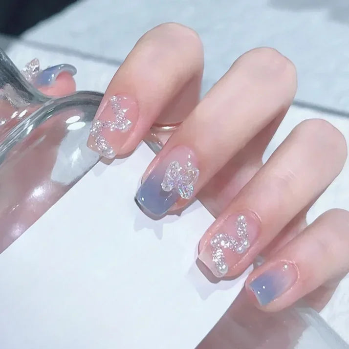 24pcs Detachable butterfly designs artifical nails with glue Ballet fake nails set press on ins simple summer hot false nails