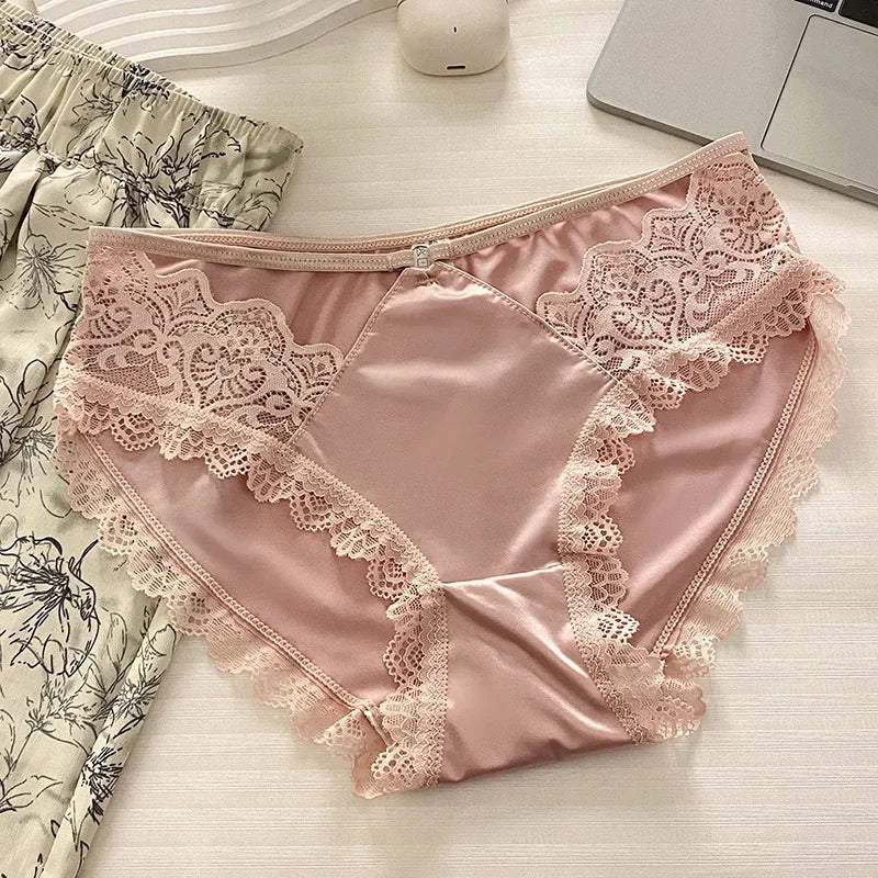 High-quality Satin Panties Soild Color Breathable Underwear Women French Sexy Lace Bow Lingerie Mid-waist Thin Mesh Briefs 도매
