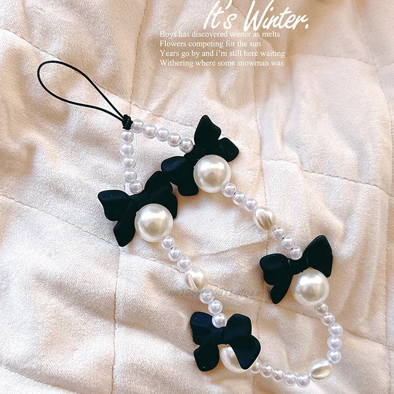 1pc Charm Bowknot Mobile Phone Chains For Women Girls Telephone Charm Strap Pink Black Acrylic Pearl Beaded Lanyard Jewelry Gift