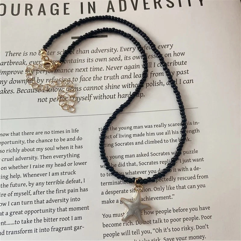 4 Colors Fashion Starfish Choker Necklace for Men Women White Black Blue Colorful Rice Beads Gift for Friend  Short Collar