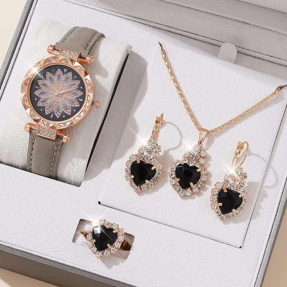 Ladies Watch 5pcs Set Watches for Women Leather Band Simple Casual Women's Analog WristWatch Bracelet Gift Montre Femme (No Box)