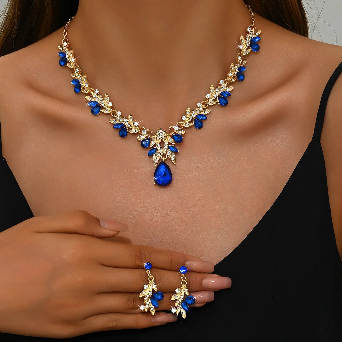 3PC Elegant Jewelry Set High-quality Women'sTrendy Chain Series Leaf Droplet Necklace Earrings Wedding Banquet Party Gift 도매