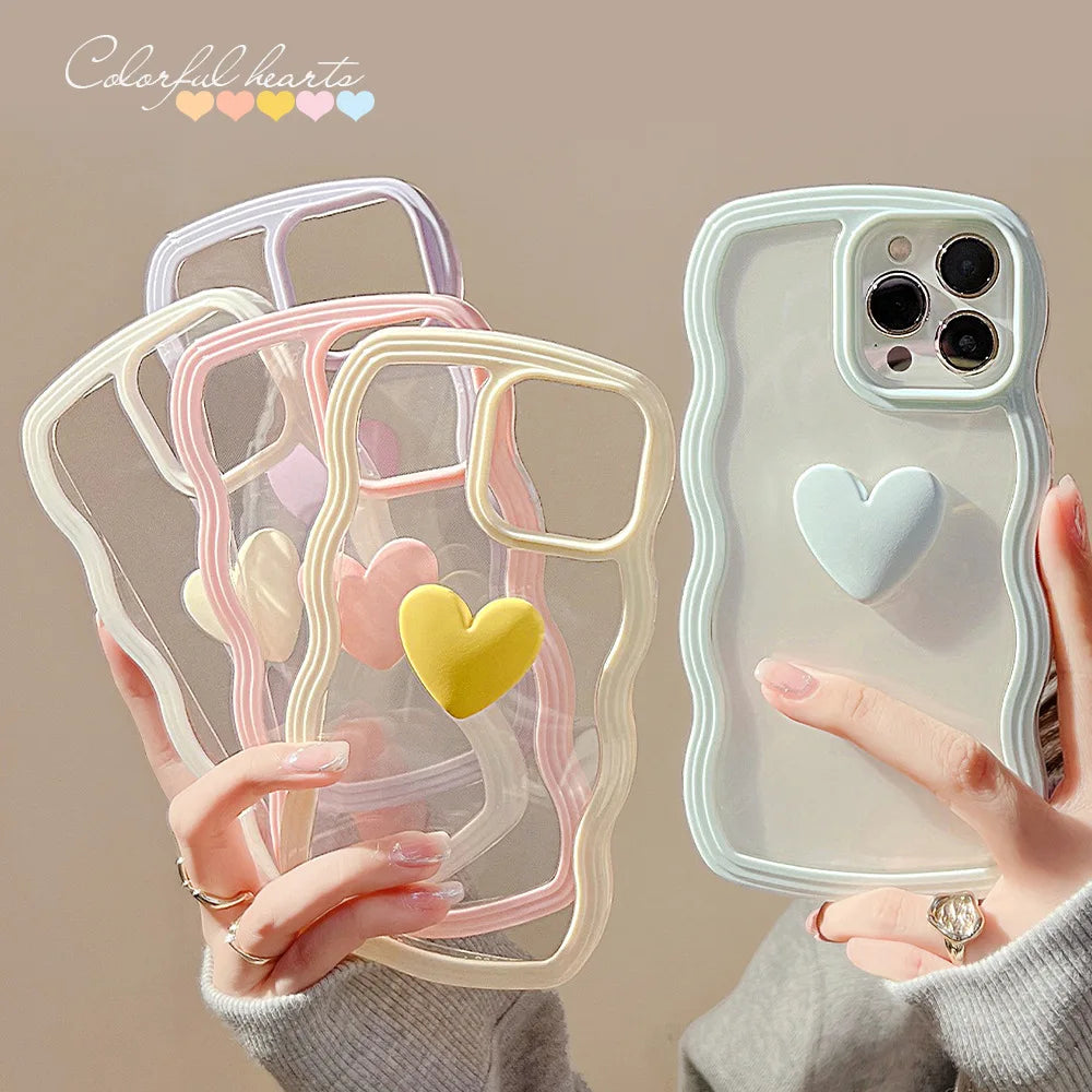 Wave Frame Cover For iPhone 15 11 14 12 13 Pro Max X XR XS Max 7 8 14 15 Plus SE 2020 2022 3D Love Heart Transparent Case Ccover