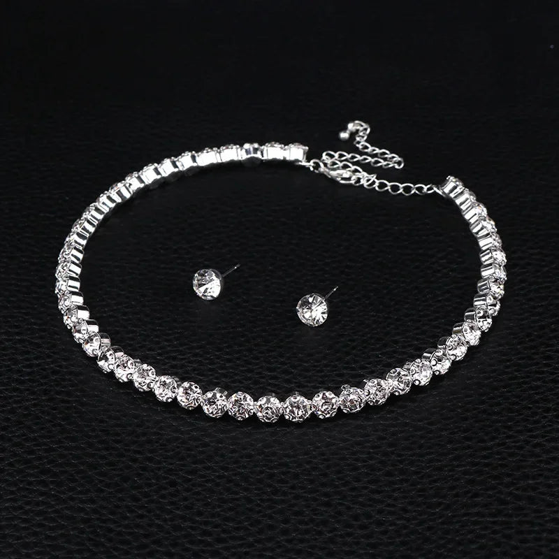 Luxury Round Crystal Jewelry Set for Women Charm Silver Color Bracelet Stud Earring Zircon Chain Necklace Wedding Party Jewelry