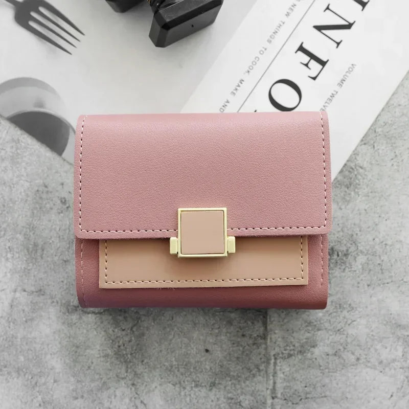 Patchwork Short Women's Wallet Fashion Square Clutch Money Credit Multiple Card Holders Metal Buckle Tri-Fold Ladies Coin Purse