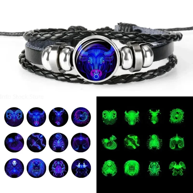 Gemini Leo Libra Scorpio Sagittarius 12 Constellation Luminous Bracelet Leather Bracelet Zodiac Charm Jewelry Bracelet for Men