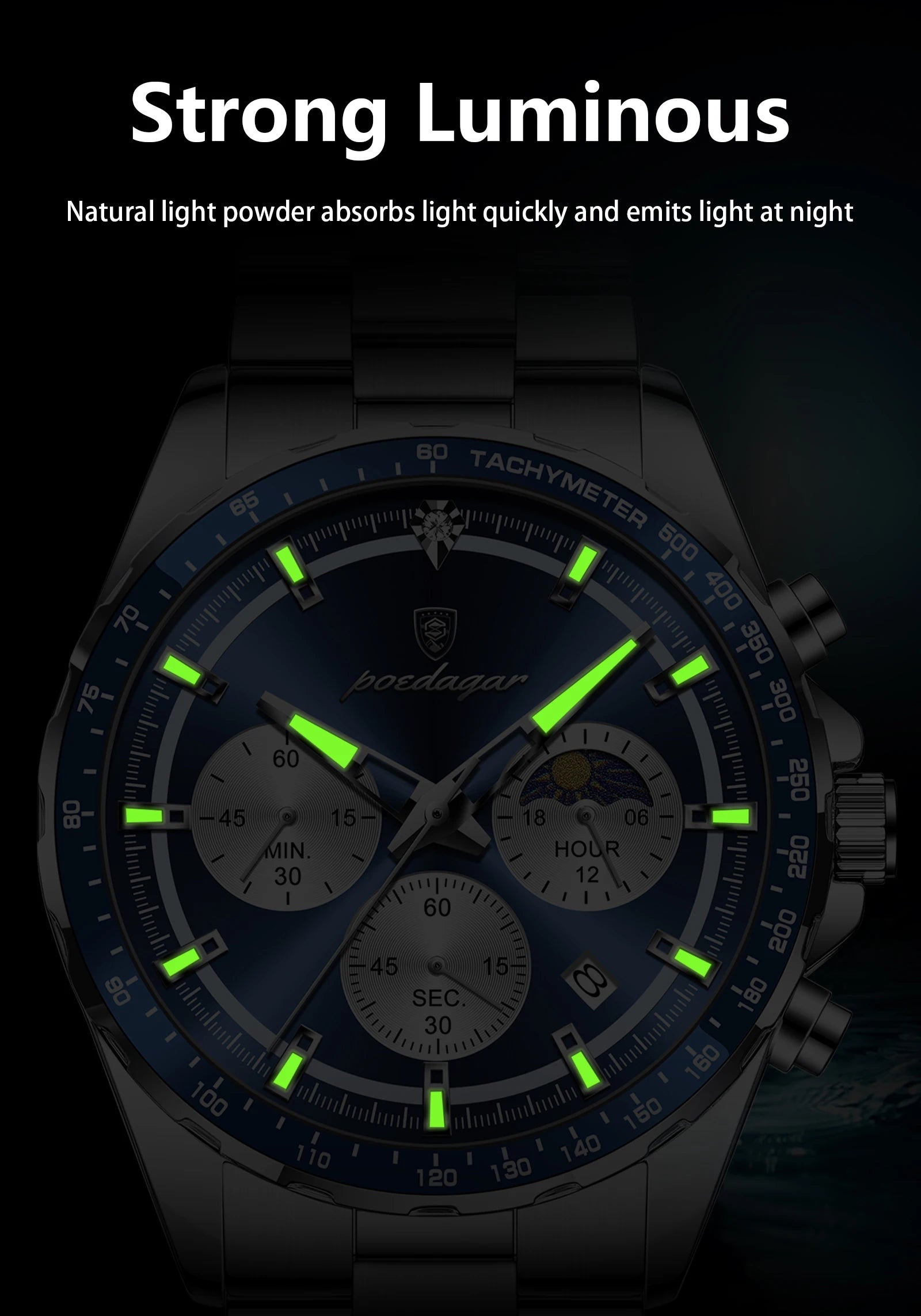POEDAGAR Luxury Sport Watch For Men Waterproof Luminous Date Chronograph Man Wristwatch Stainless Steel Men's Quartz Watches+Box