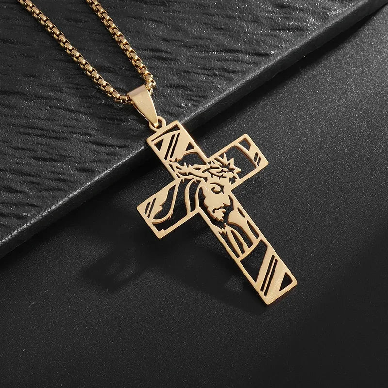 Catholic Jesus Cross Stainless Steel Pendant Necklace for Men Women Vintage Christian Prayer Jewelry