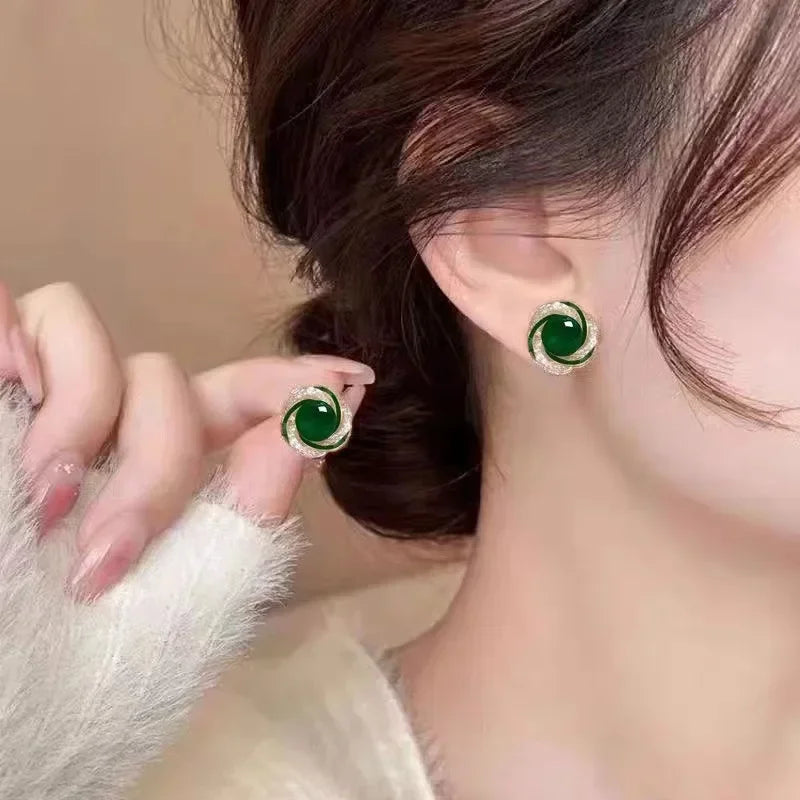 Vintage Red Green Rhinestone Stud Earrings Crystal Enamel Oil Geometry Earrings for Women Fashion Exquisite Ear Studs Jewelry
