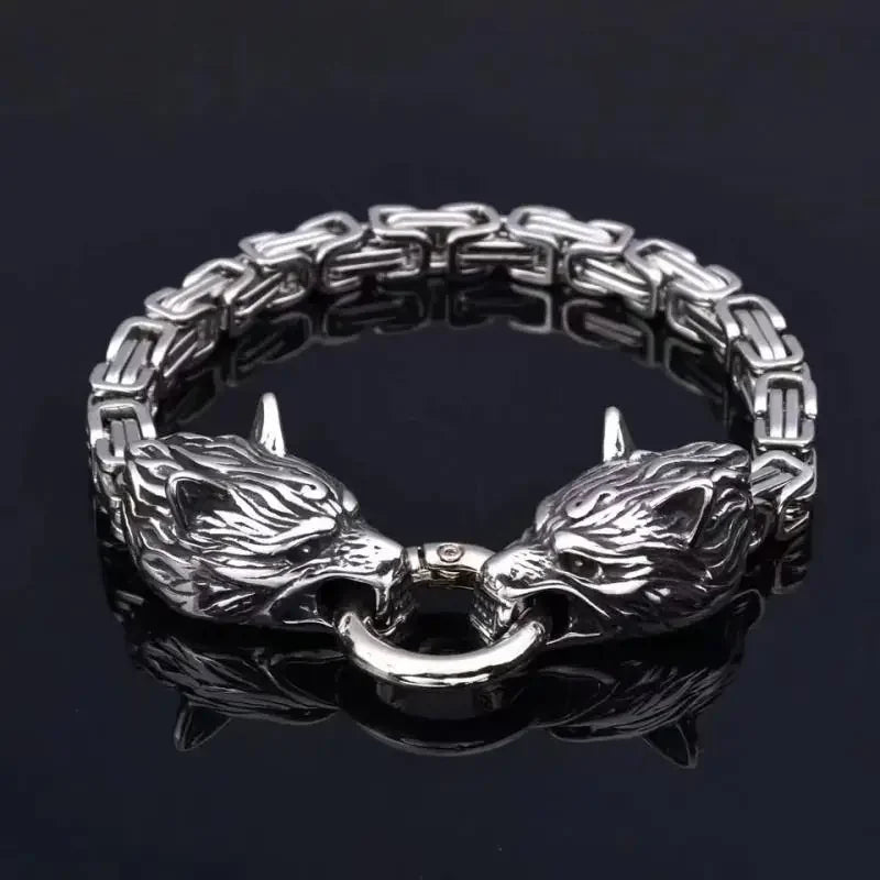 Nordic  Celtic Double Wolf Head Men's Stainless Steel Chain Bracelet Byzantine King Chain Punk Rock Party Jewelry
