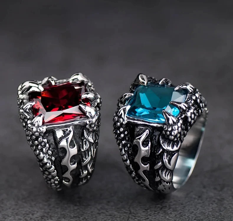 Gothic Blue and Red Crystal Evil Demon Dragon Claw Ring for Men Gram Biker Punk Rock Hip Hop Cool Jewelry Accessories