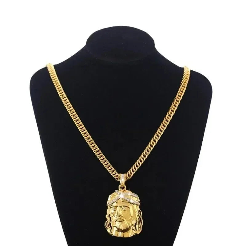 Christian Iced Out Bling Jesus Head Portrait Necklace Pendant Male and Female Cross Catholic Amulet Jewelry