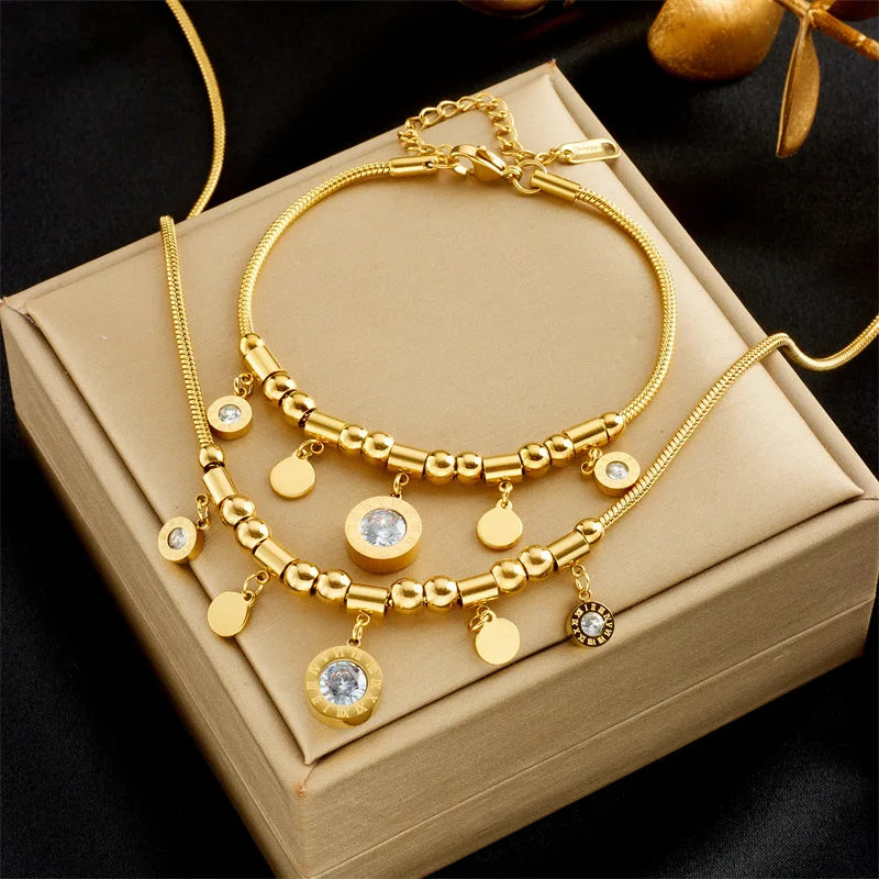 Stainless Steel Gold Color Roman Number Zircon Bracelet For Women Fashion Girls Charm Bracelets Party Jewelry Gifts