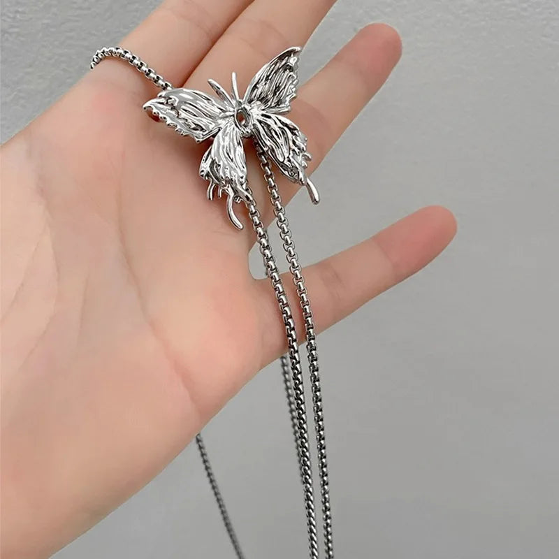 Punk Liquid Metal Butterfly Rose Flower Waist Chain Adjustable Silver Color Pendant Snake Bones Body Chain Punk Hiphop Jewelry