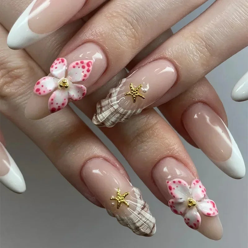 24Pcs 3D Flower Almond Nail Set Press on Nails with 3D Wave Drill False Nails French Tip Full Cover Artificial Nails Art Tips