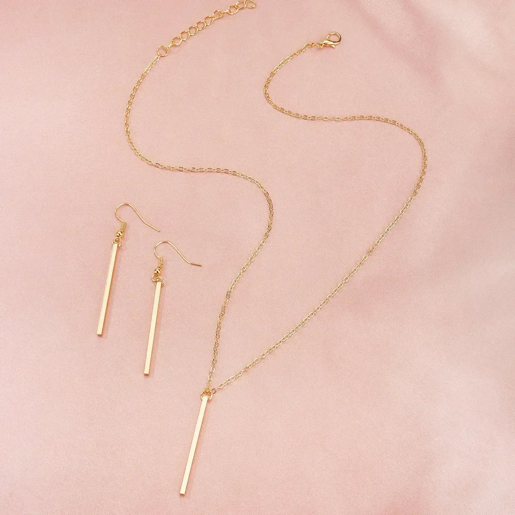 Elegant Gold Stick Jewelry Sets for Women Pendant Necklace Drop Earring Simlpe Adjustable Geometry Wedding Jewelry
