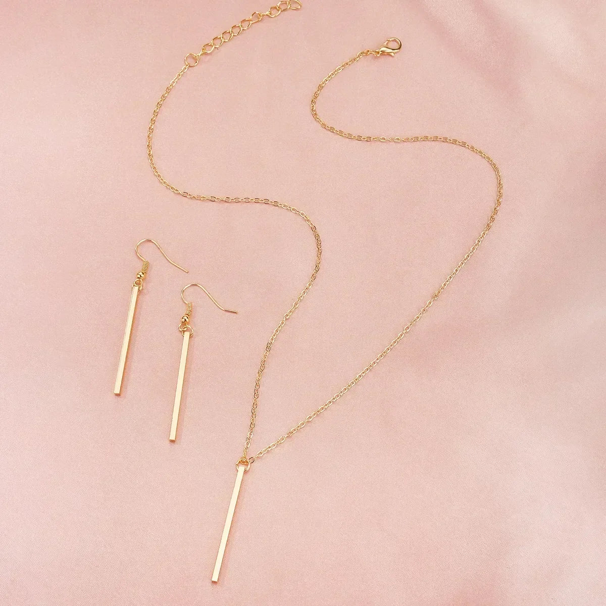 Elegant Gold Stick Jewelry Sets for Women Pendant Necklace Drop Earring Simlpe Adjustable Geometry Wedding Jewelry