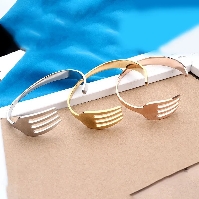 Creative Design Cutlery Knife Fork Men Bangles Women Stainless Steel Friendship Arm Cuff Open Bracelet Fun Trend Jewelry
