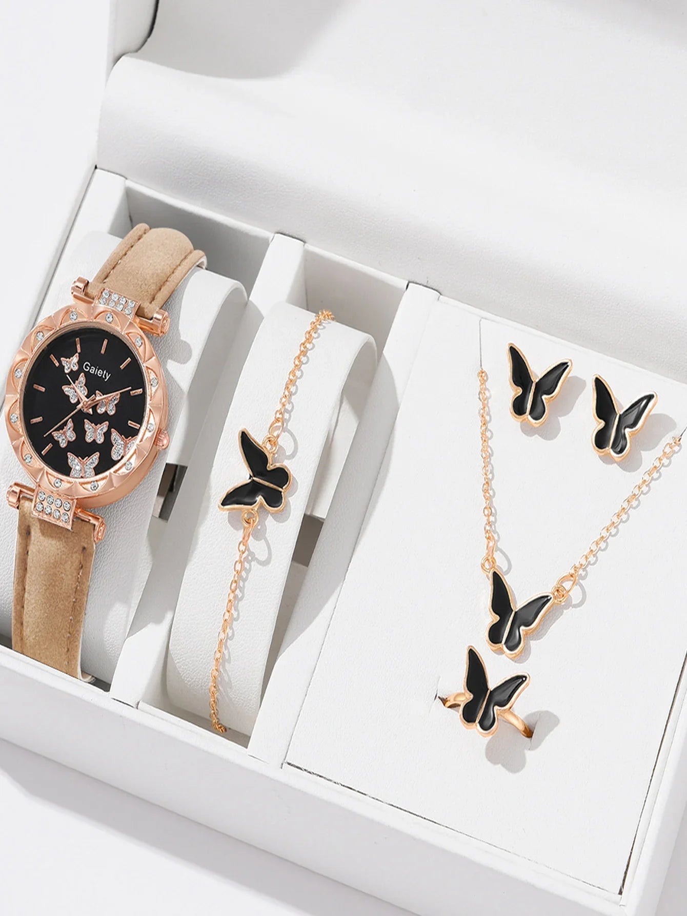 6pcs Luxury Watches Women's Ring Necklace Earrings Bracelet Set Watch Butterfly Leather strap Women's Quartz Watch No case