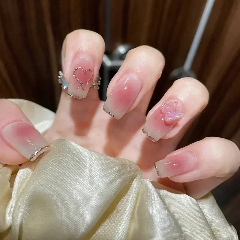 24pcs Detachable butterfly designs artifical nails with glue Ballet fake nails set press on ins simple summer hot false nails