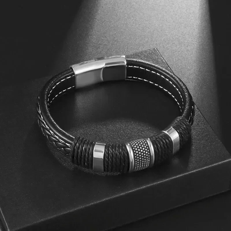 Classic Vintage Magnetic Buckle X Pendant Black Leather Bracelet, Suitable for Men\\\\\\'s Fashion Casual Rock Jewelry
