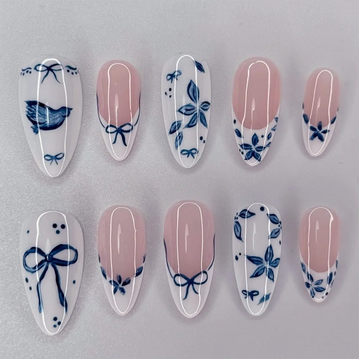 24Pcs Sweet Almond Nails Set Press On Nails Cute Mini Flower False Nail Floral Bow Diamond Full Cover Artificial Nails Art Tips
