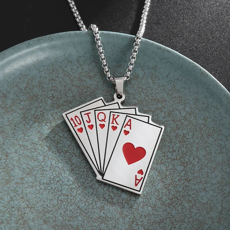 Hip-Hop Iced Out Spades Playing Card Necklace Men\'s Personalized Street Hip-Hop Rock Trend Jewelry Cool Luck Necklace