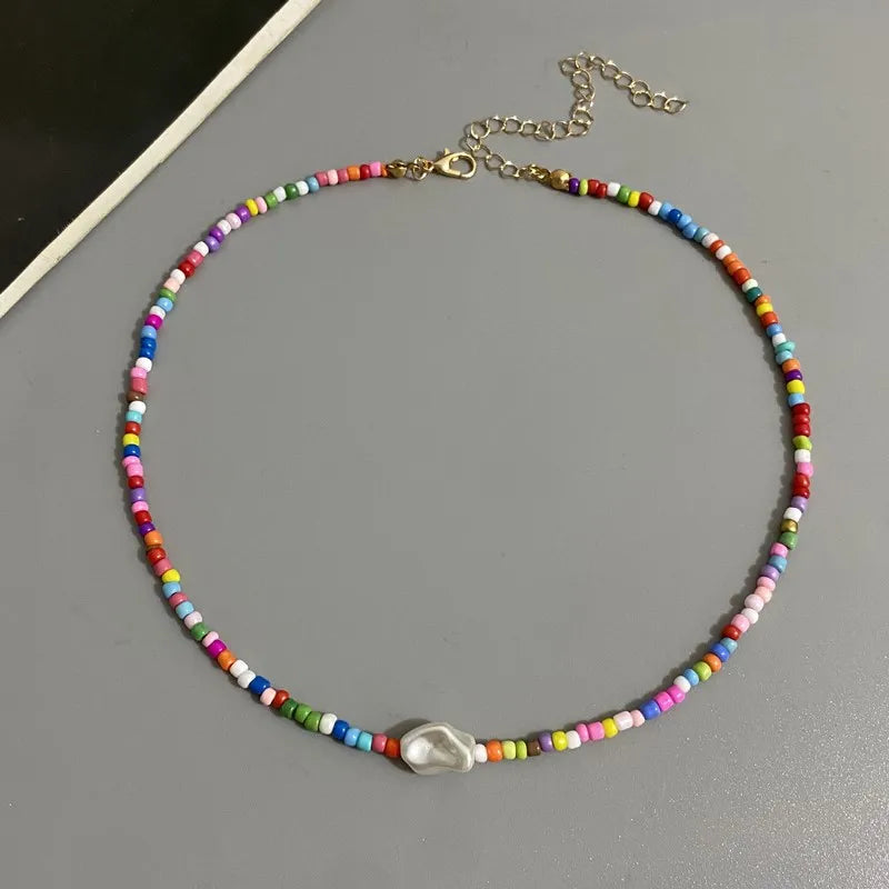 Fashion Boho Beads Necklace Women Imitation Pearl Seed Beaded Strand Short Choker Necklace Handmade Female Jewelry Wholesale
