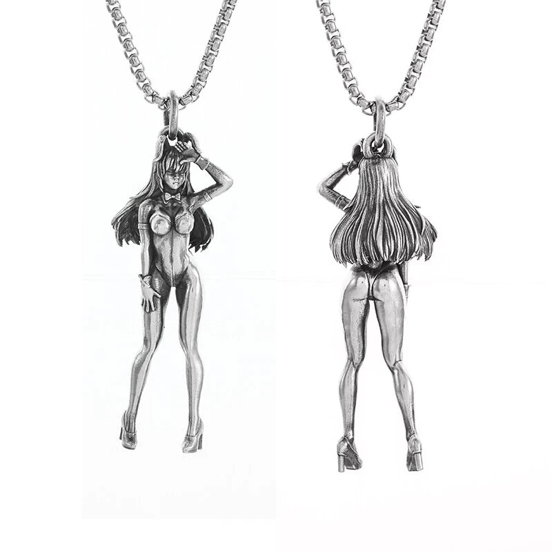 Silver-Plated Anime Mecha Beautiful Girl Girl Pendant Necklace Men and Women Hip-Hop Rock Punk Trendy Jewelry Gift