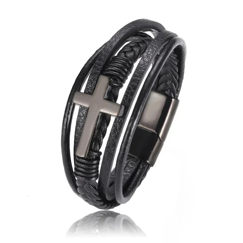 Hexagram Leather Bracelet Star of David Handwoven Double Layer Leather Magnetic Buckle Bracelet Judaism Amulet Jewelry for Men