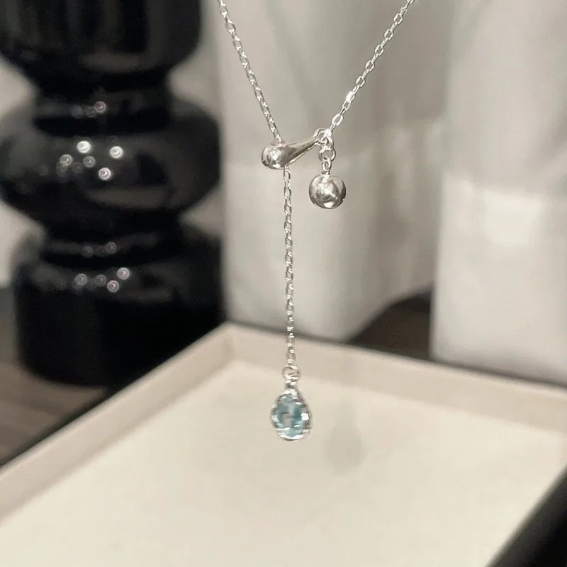Fashion Blue Zircon Water Drop Shape Necklace Simple Style Charm Ladies Pendant Choker Gift Korean Trend Jewelry 도매