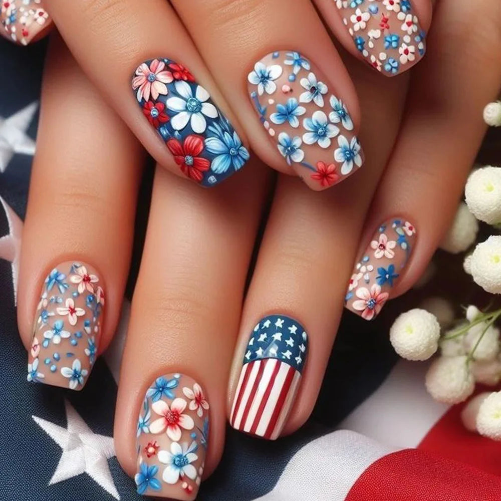 24Pcs Set Vintage False Nails with Glue Flower Checkered Press on Nails French Acrylic Nail Short Square Fake Nails Sweet Cool
