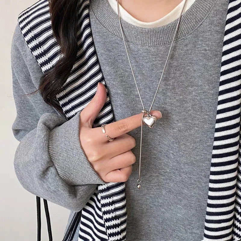 Minimalist Stainless Steel Long Necklace with Heart Pendant Adjustable Sweater Chain Luxury Neck Jewelry for Women Accessories