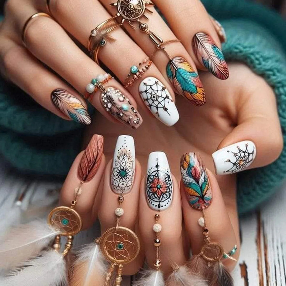 24Pcs Sweet Cool Coffin Fake Nails Butterfly Flower Acrylic Nail Glitter Glossy False Nail Full Cover Autumn Press on Nails Tips