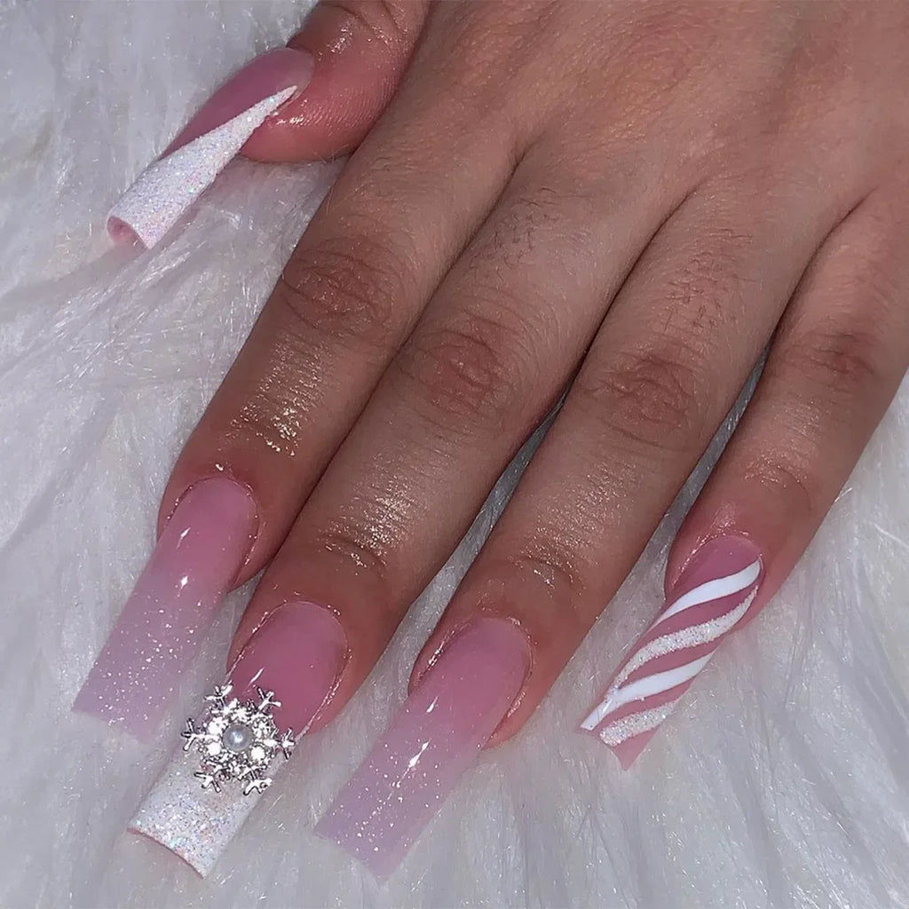 24Pcs Extra Long Square Fake Nail with Glue 3D Little Bear Bow Design False Nails White French Press on Nails Wearable Manicure