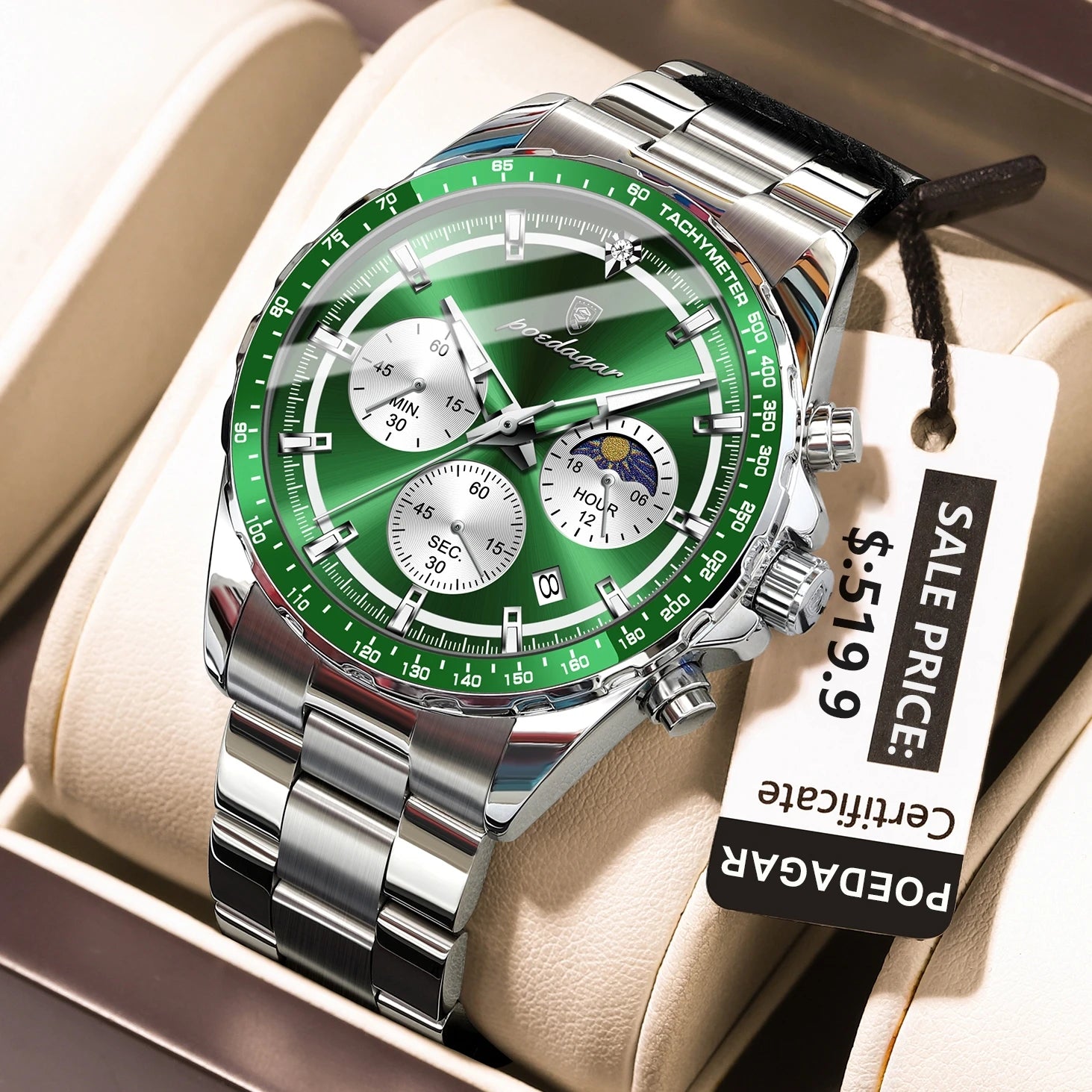 POEDAGAR Luxury Sport Watch For Men Waterproof Luminous Date Chronograph Man Wristwatch Stainless Steel Men's Quartz Watches+Box