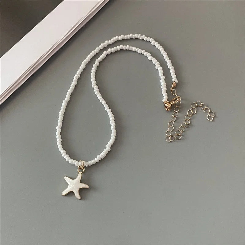 4 Colors Fashion Starfish Choker Necklace for Men Women White Black Blue Colorful Rice Beads Gift for Friend  Short Collar