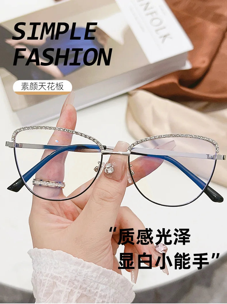 New Metal Anti Blue Light Glasses Fashionable Cat Eye Flat Lenses Large Frame Computer Eyeglasses Oculos De Grau Feminino
