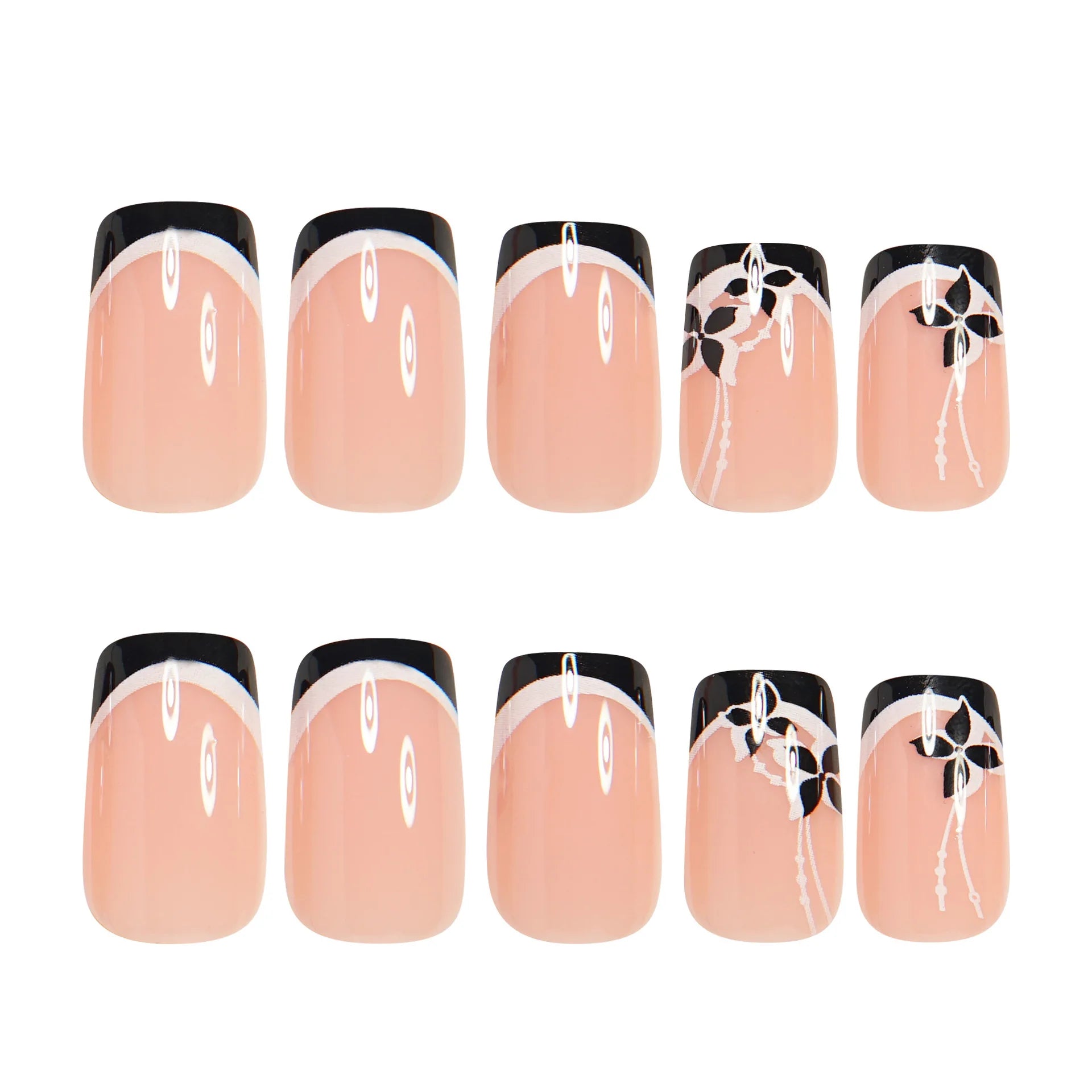 24pcs French Fake Nails Glitter Flower False Nails Short Square Press on Nails White Striped Nail Art for Colorful Spring Summer