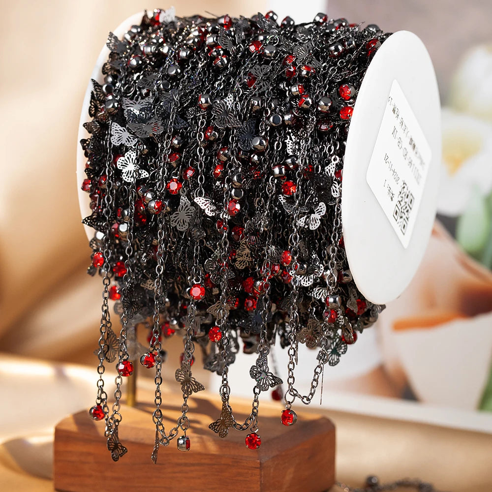 100CM 50CM Red Crystal Bead Charms Butterfly Pendants Gunblack Copper Chains For Jewelry Making DIY Necklaces Bracelets Chains