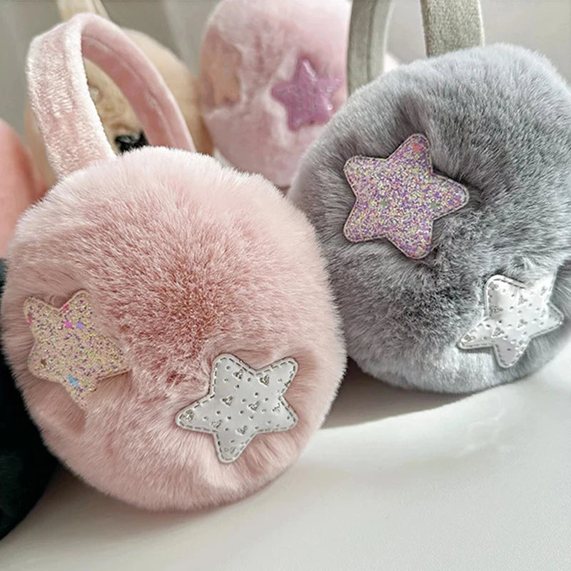 Furry Earmuffs Sequins Stars Pattern Winter Warm Earmuffs Foldable Plush Ear Muffs Women Outdoor Skiing Ear Warmer Earflap Lady