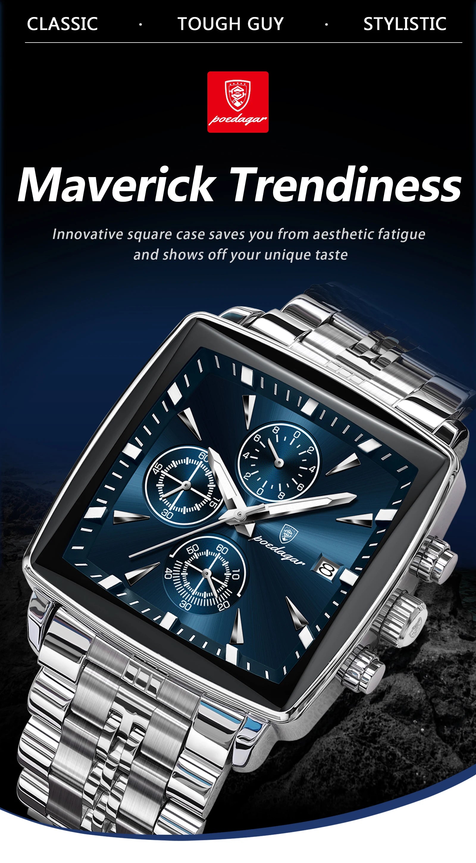 POEDAGAR Square Men Watch Waterproof Luminous Chronograph Calendar Man Wristwatch Stainless Steel Quartz Men's Watches+Box Reloj