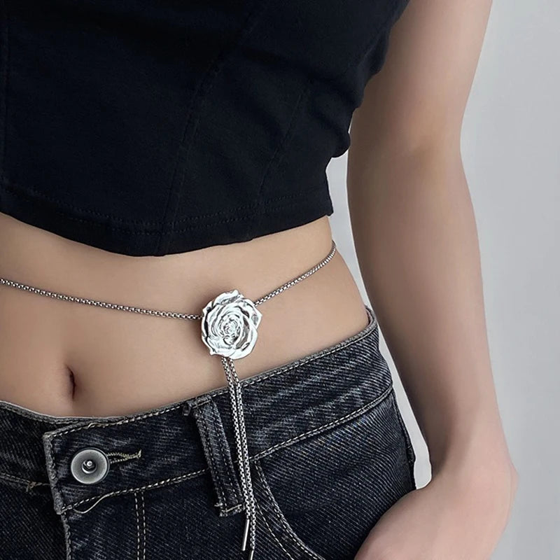 Punk Liquid Metal Butterfly Rose Flower Waist Chain Adjustable Silver Color Pendant Snake Bones Body Chain Punk Hiphop Jewelry