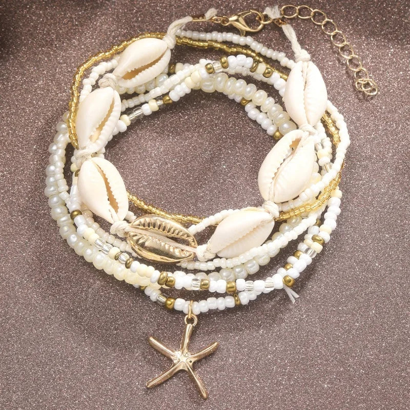 7PC/set Shell Starfish Pendant Rice Beads Beaded Women's Ankle Chain or Bracelet Summer Fashion Multi-layer Vintage Jewelry 도매